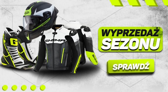 Trwająca aktualnie wyprzedaż sezonu, gdzie na promocji znajdują się ubrania motocyklowe i akcesoria, takie jak kurtki, buty, kaski, rękawice, spodnie i pokrowce motocyklowe w niższych cenach