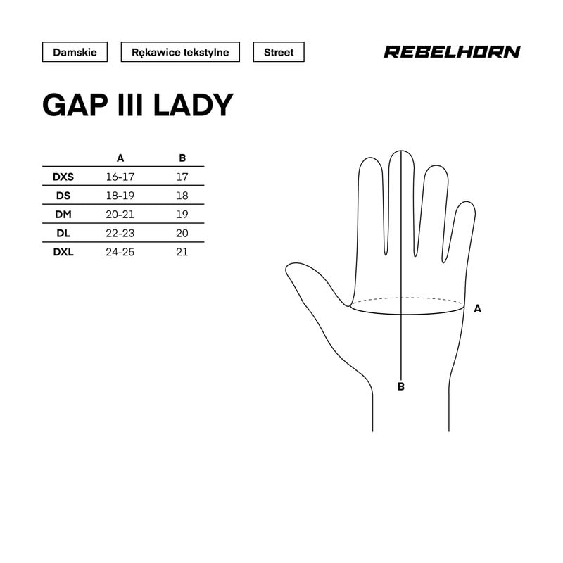 Rękawice Rebelhorn Gap III - tabela rozmiarów dla Kobiet