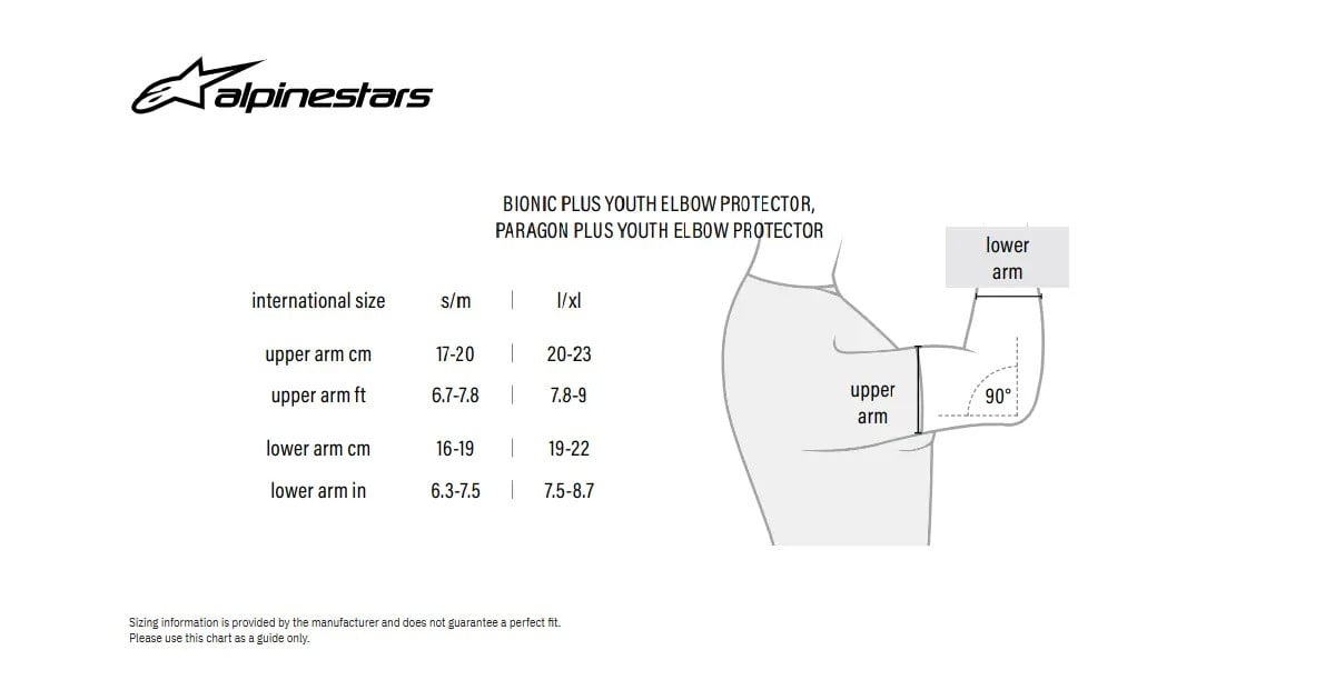  Alpinestars Ochraniacze Łokci - tabela rozmiarów dla Młodzieży