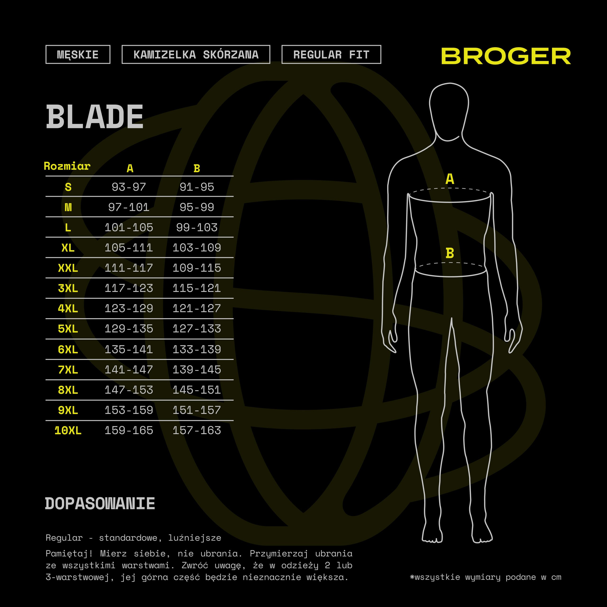 Broger Blade - tabela rozmiarów dla Mężczyzn