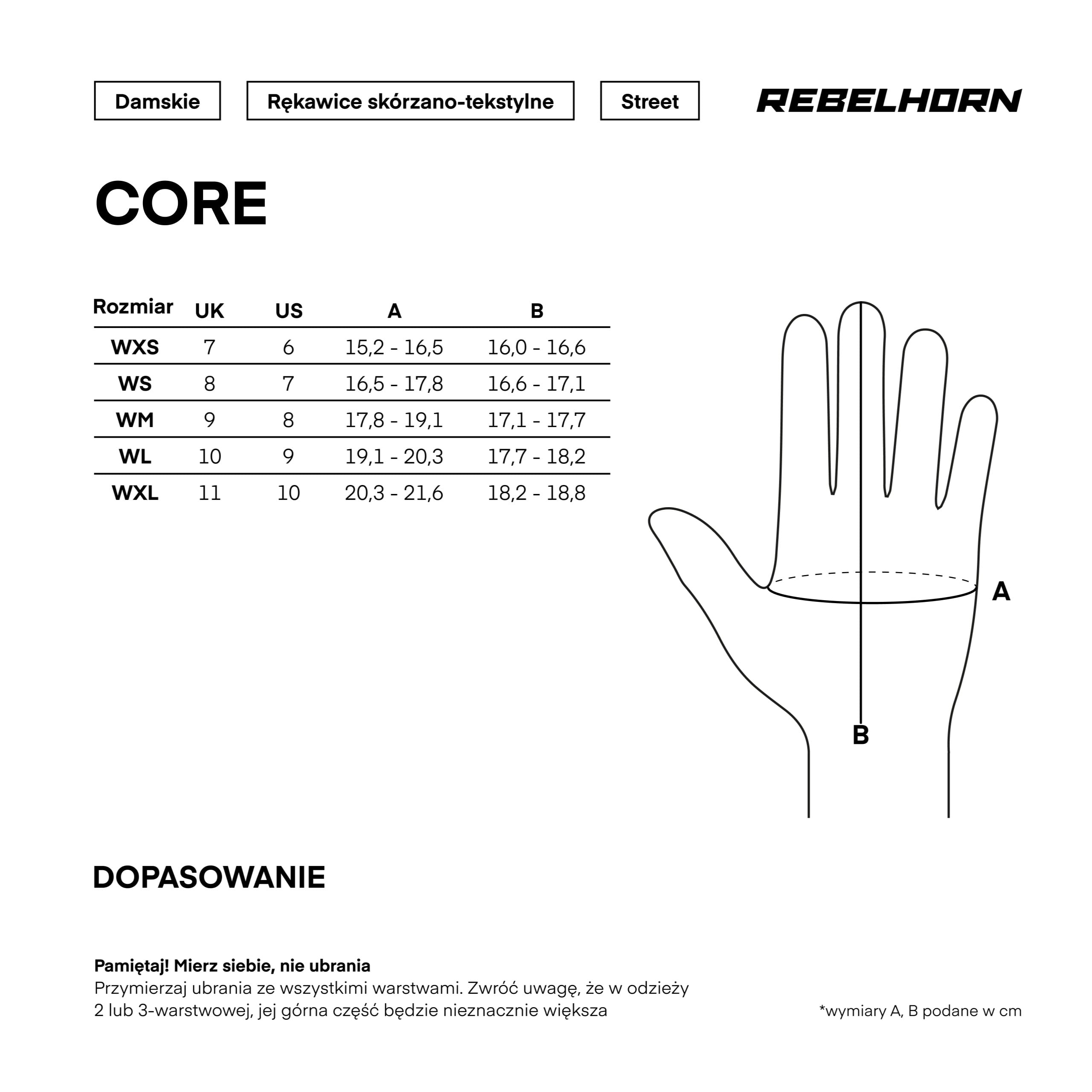 Rękawice Rebelhorn Core - tabela rozmiarów dla Kobiet
