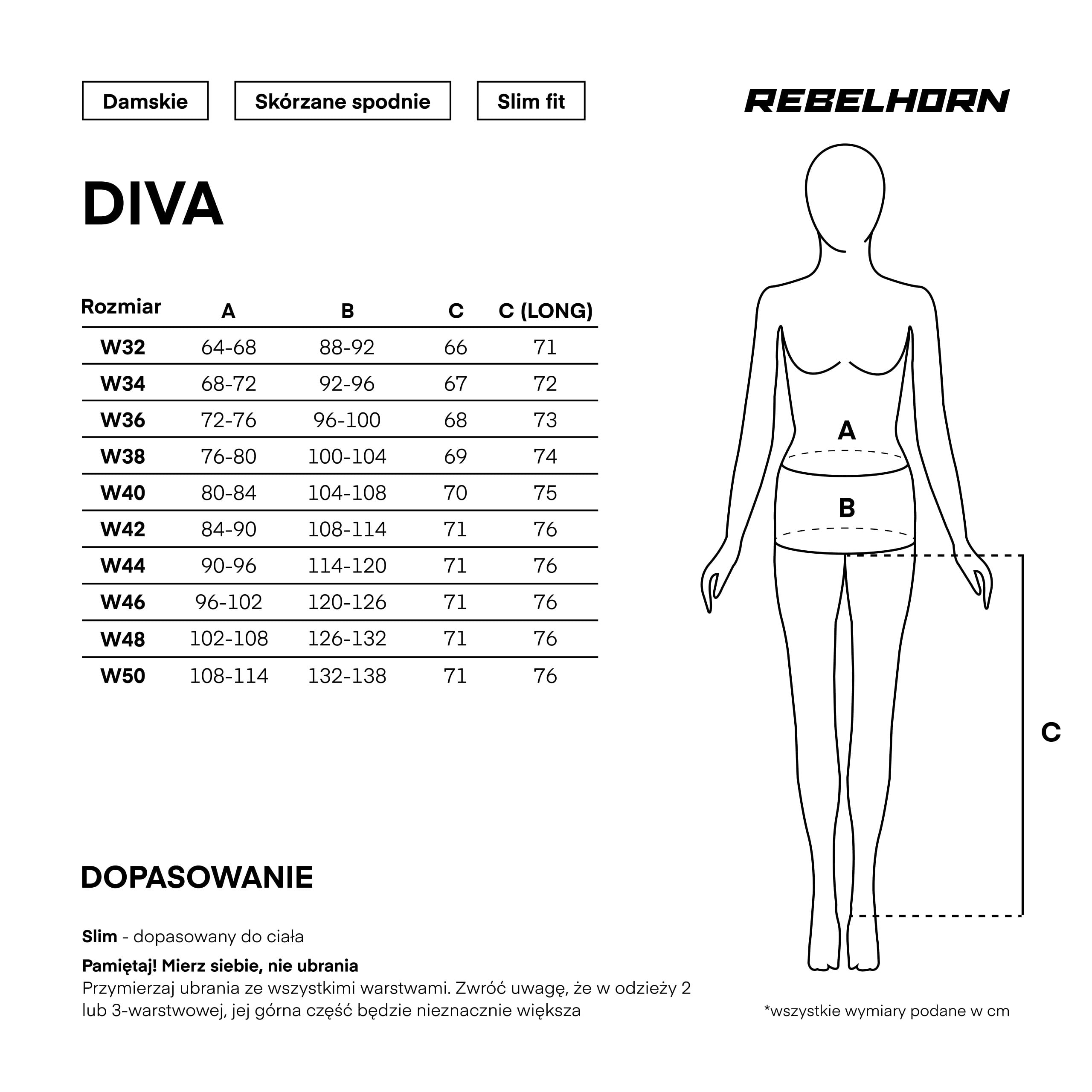 Spodnie Rebelhorn Diva - tabela rozmiarów dla Kobiet