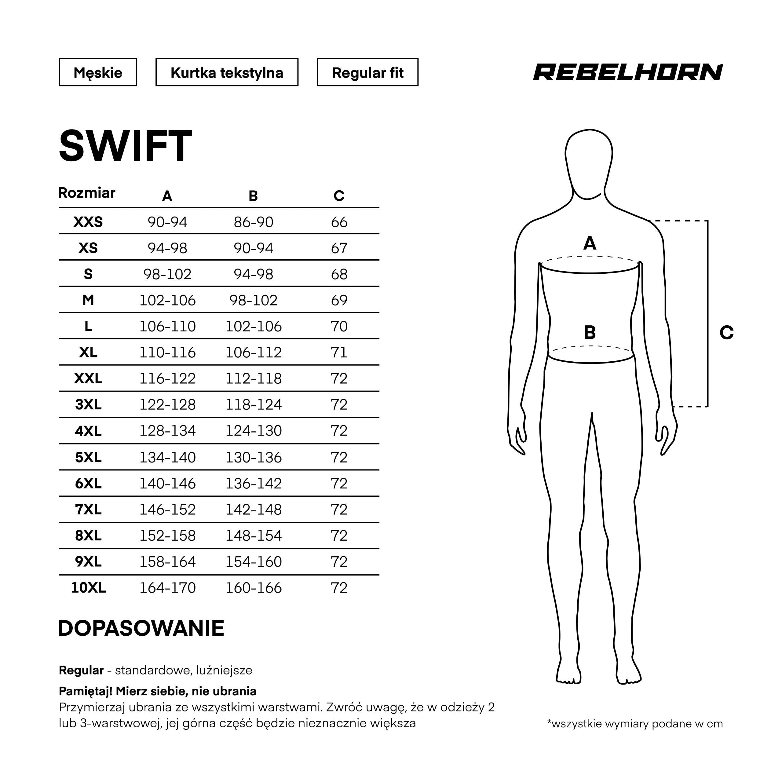 Kurtka Rebelhorn Swift - tabela rozmiarów dla Mężczyzn