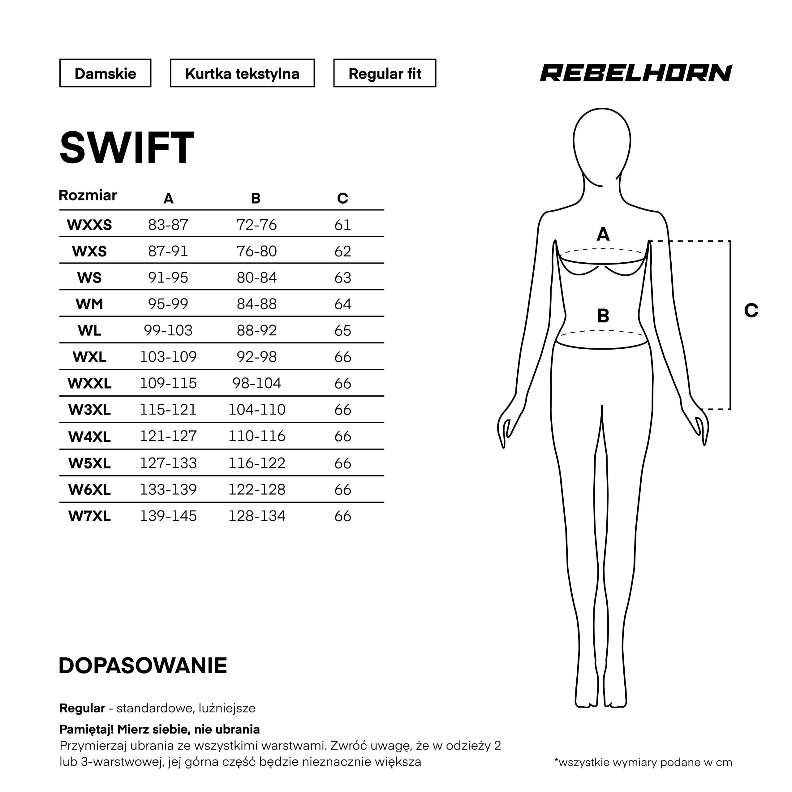Kurtka Rebelhorn Swift - tabela rozmiarów dla Kobiet
