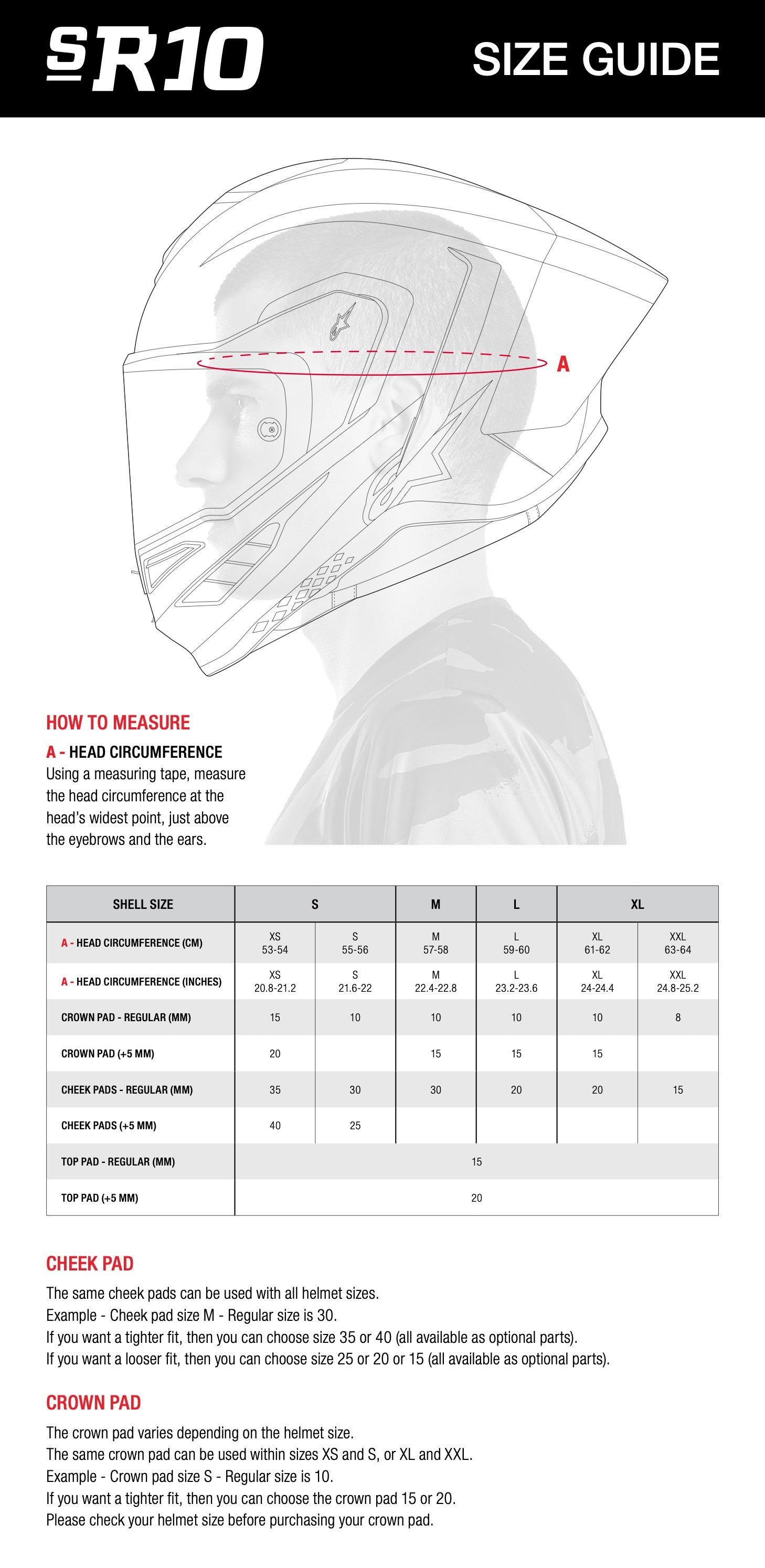 Kask Alpinestars R10 - Tabela Rozmiarów