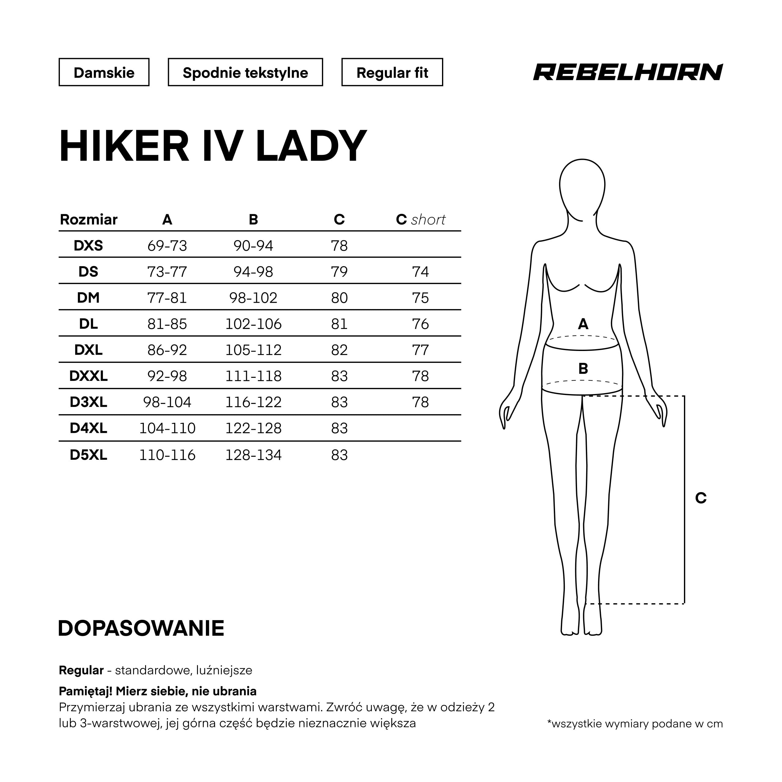 Spodnie Rebelhorn Hiker IV - tabela rozmiarów dla Kobiet