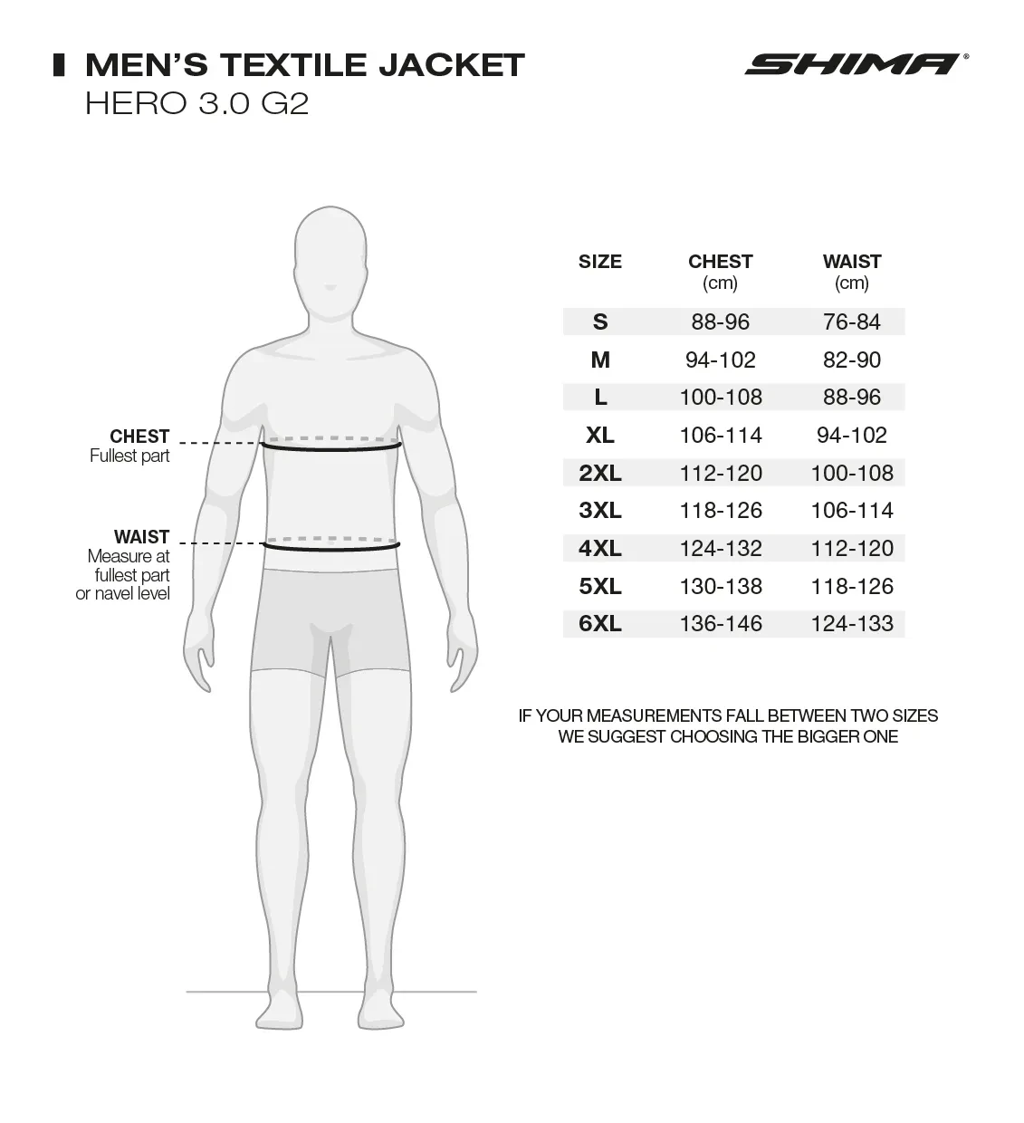 Kurtka SHIMA HERO 3.0 G2 - tabela rozmiarów dla Mężczyzn